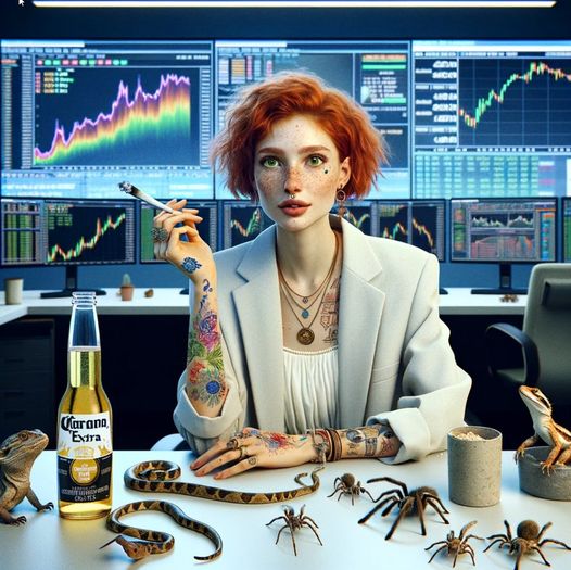 A realistic, cute ginger woman with tattoos and piercings, sitting at a desk with trading monitors in the background and tarot cards on the desk.